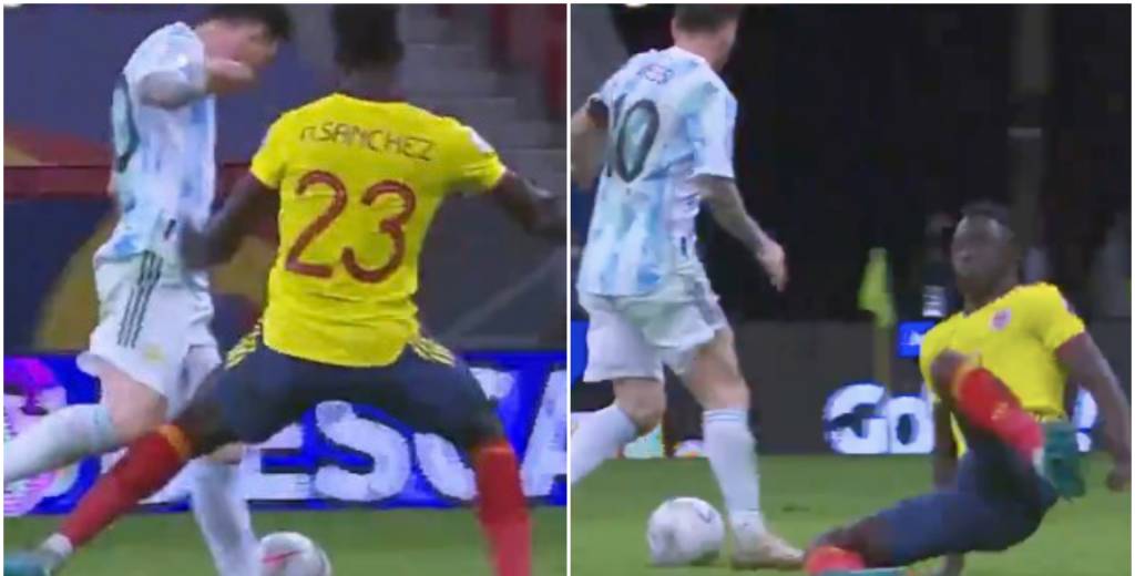 Davinson Sánchez fue a marcar a Messi: terminó en el suelo