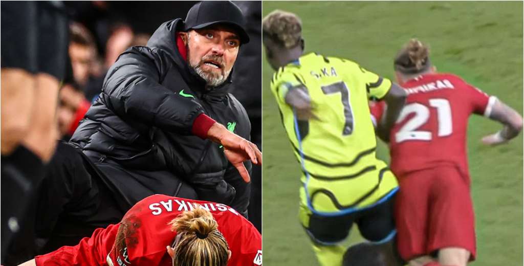 Bukayo Saka empujó a Tsimikas contra Klopp y lo lesionó: quedó en llamas...